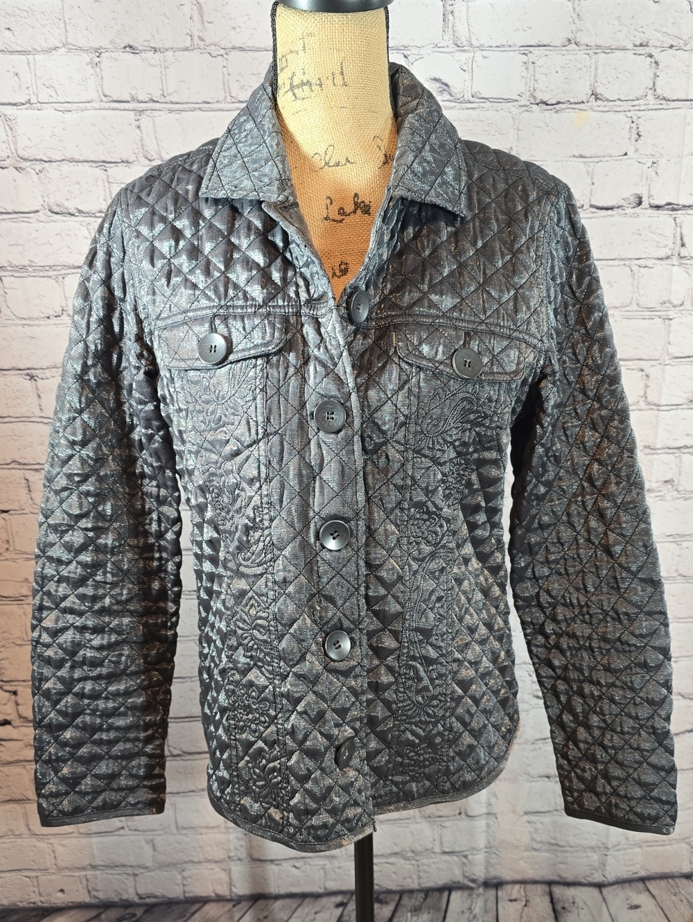 Chico's Quilted Metallic Gray Button-Front Jacket Chico's Size 1/US Size M or 8
